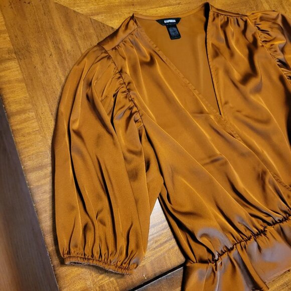 Express Copper Satin Puffed Sleeve Top - Picture 3 of 12